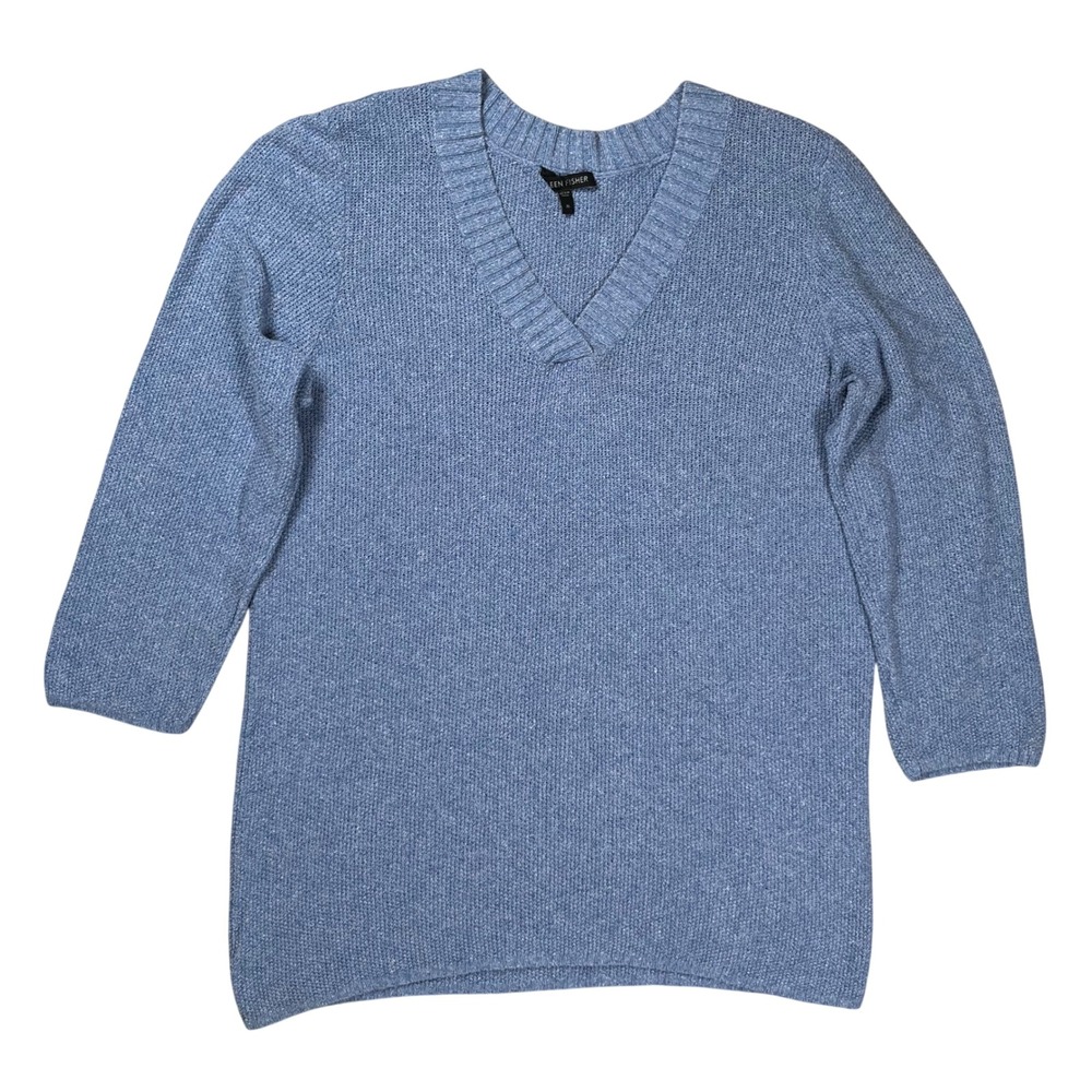 Eileen Fisher Silk Sweater Women Medium Blue V-Neck 3/4 Sleeve Textured Woven
